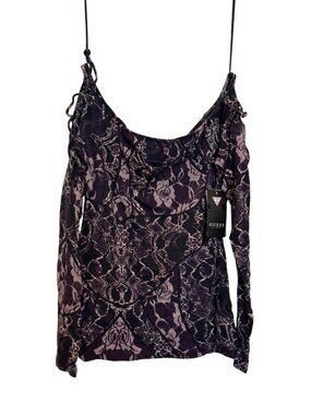Guess Womens Purple Lace-Print Top With Side Lace-Up Detail Long Sleeves Size S
